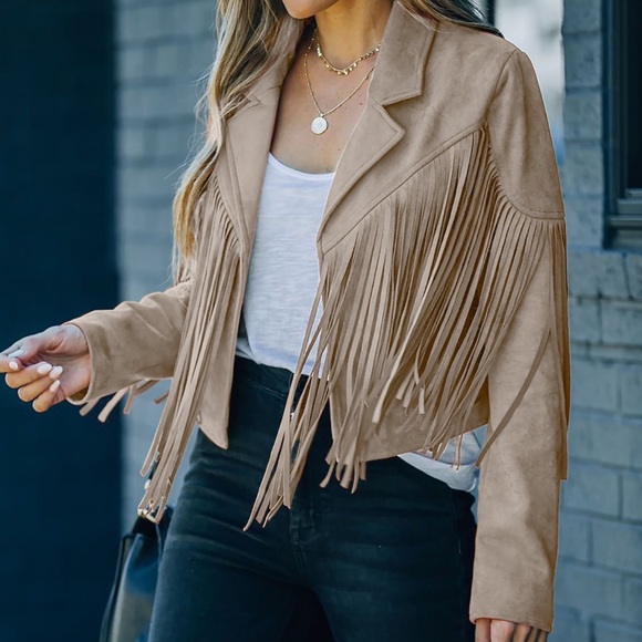 Tan Fringed Faux Suede Light Weight Jacket - Picture 2 of 4